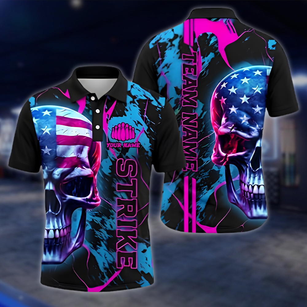Personalized Skull Cyan Pink Bowling Men Polo Shirt USA Flag, Custom Skull Bowling Shirt Team BZ0874 BOW0072