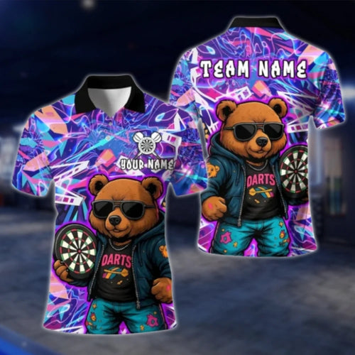 Custom Funny Bear Darts Men Polo Shirt, Custom Team Bear Darts Shirt Purple DAT0389