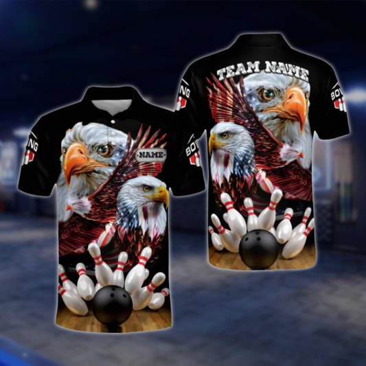 Custom Eagle American Bowling Polo Shirt For Men, Custom Eagle Patriotic Bowling Shirts BO0139 BOW0462