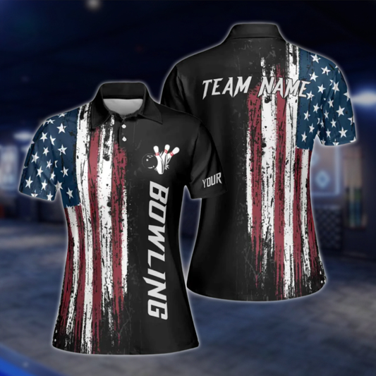 Custom American Flag Womens Bowling Polo Shirt, Custom Patriotic Bowling Team Shirts BE0048 BOW0326