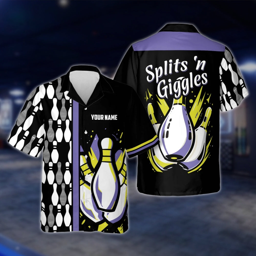 Splits'n Giggles Custom Name Black Purple Bowling Hawaiian Shirt, Custom Funny Bowling Shirts BE0030 BOW0357