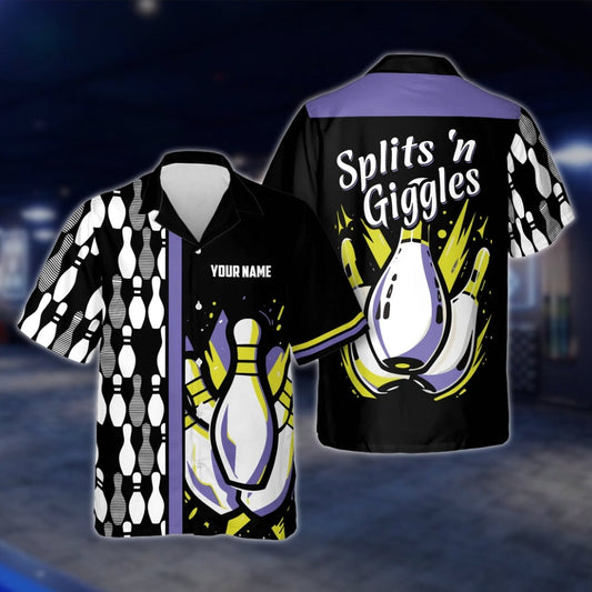 Splits'n Giggles Custom Name Black Purple Bowling Hawaiian Shirt, Custom Funny Bowling Shirts BE0030 BOW0357