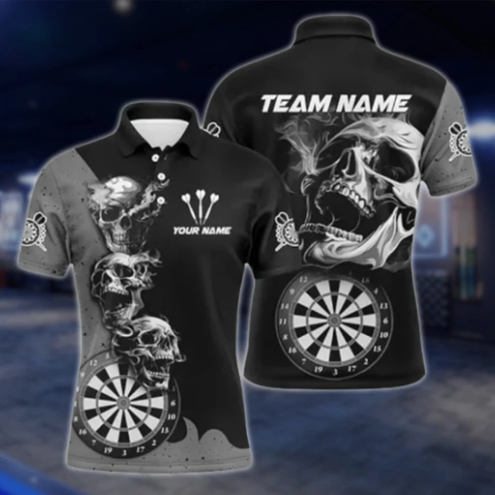 Custom Skeleton Black Grey Dart Polo Shirt For Men, Custom Skull Darts Shirt Team DAT0353