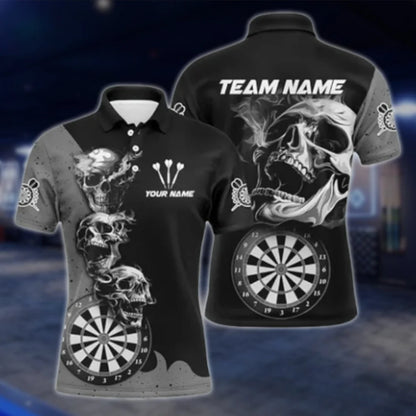 Custom Skeleton Black Grey Dart Polo Shirt For Men, Custom Skull Darts Shirt Team DAT0353