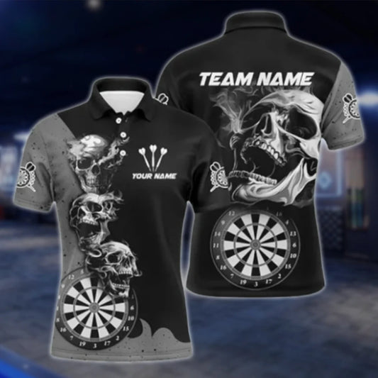 Custom Skeleton Black Grey Dart Polo Shirt For Men, Custom Skull Darts Shirt Team DAT0353