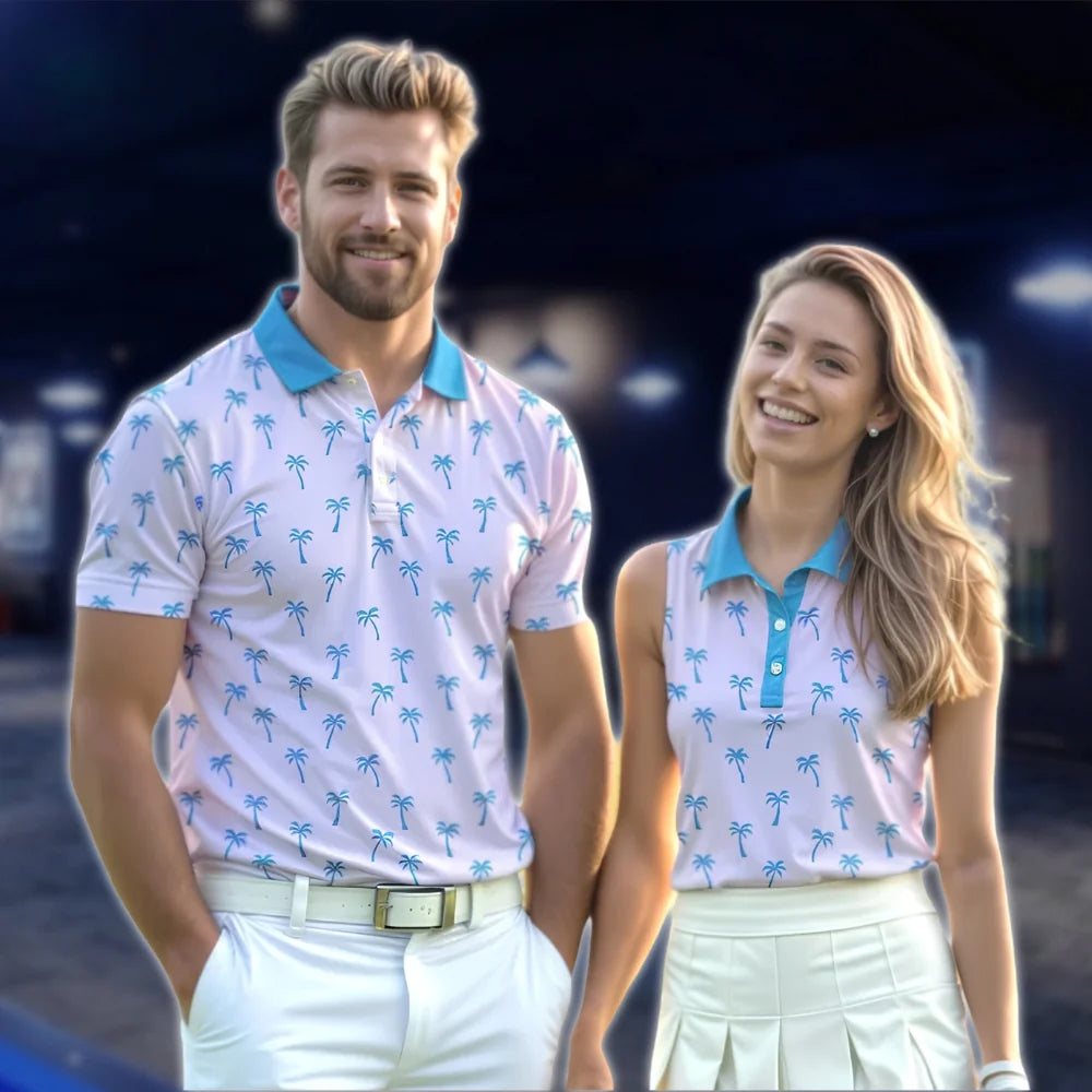 Matching Tropical Palm Tree Pink Blue Golf Shirts For Couples, Tropical Matching Golf Shirts GOF0180