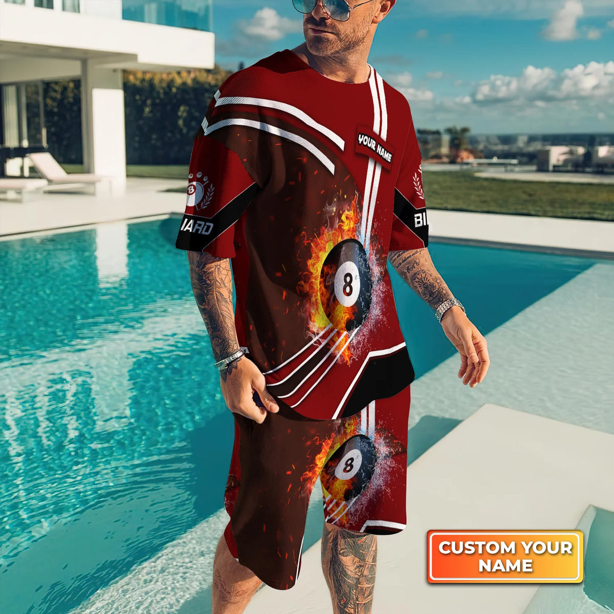 Red Billiard Pool 8 Ball On Fire Custom Name 3D Short Sleeve T-Shirt Men's Board Shorts ORN0283
