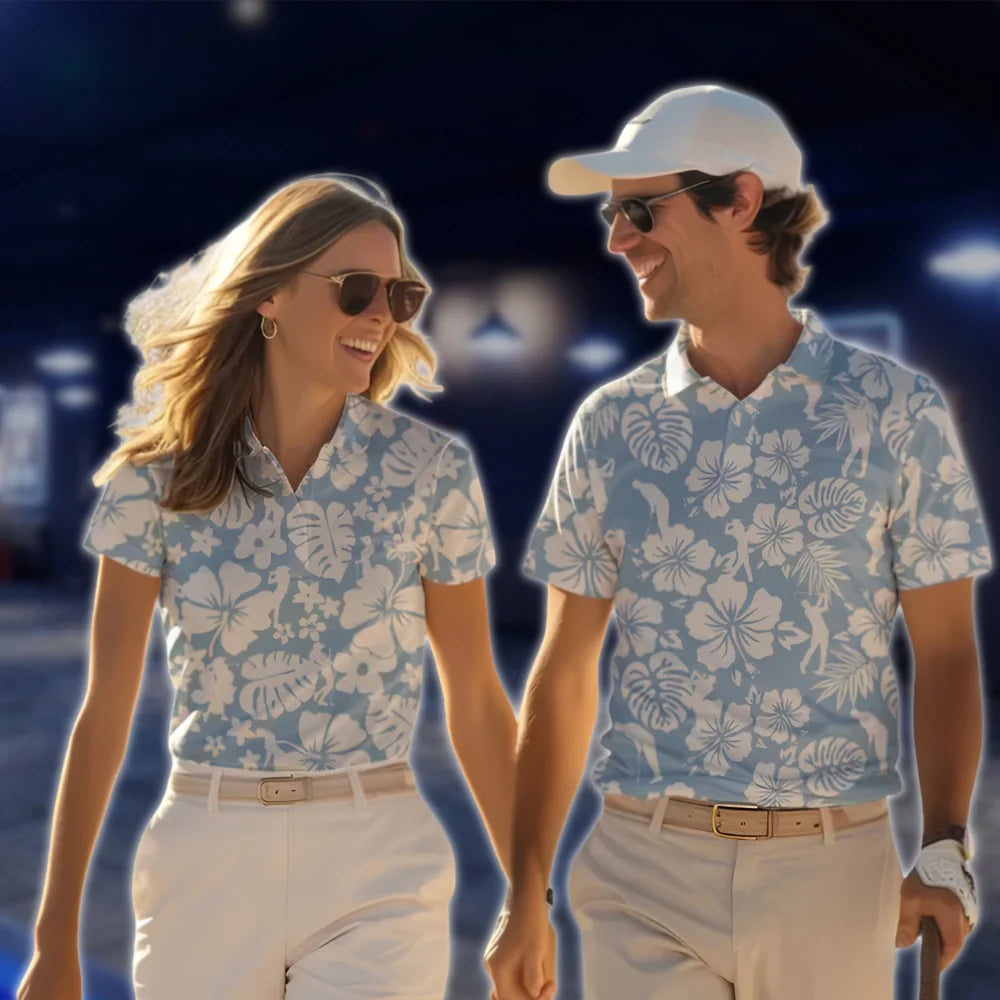 Hibiscus Tropical Matching Blue Golf Polo Shirts For His And Her, Matching Floral Couple Golf Shirts GOF0173