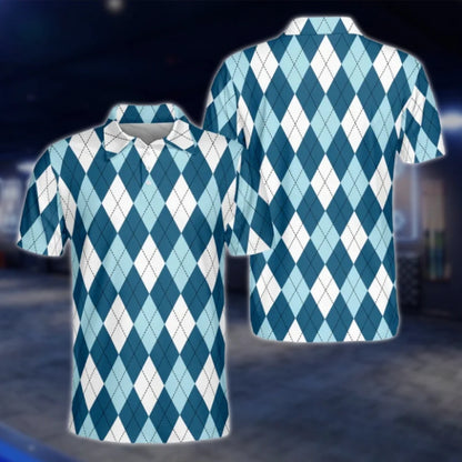 Argyle Blue White Mens Golf Polo Shirts, Argyle Golf Shirts GOF0185