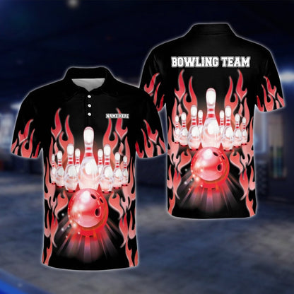 Custom Flame Red Black Bowling Polo Shirt For Mens, Custom Flame Bowling Shirts Team BM0020 BOW0262