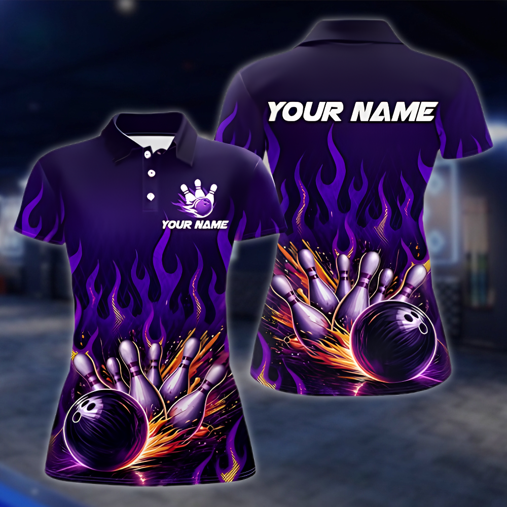Personalized Flame Women's Bowling Polo Shirt Purple, Custom Flame Team Bowling Shirt For Women BZ0913 BOW0023