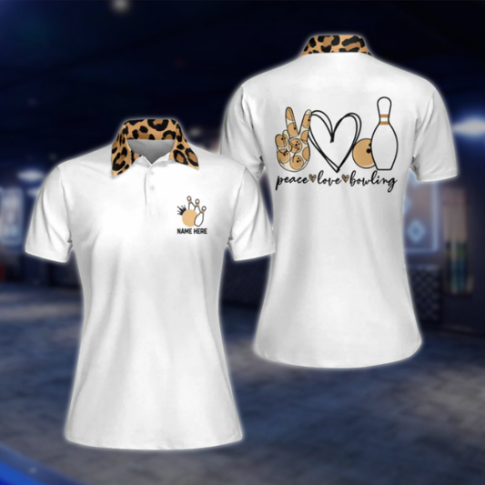 Customized Peace Love Bowling Leopard Polo Shirts For Women, Custom Ladies Leopard Bowling Shirts BW0074 BOW0434