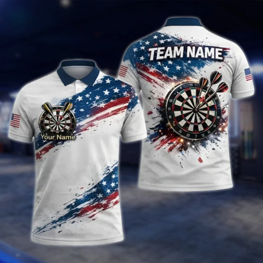 Custom USA Flag White Dart Mens Polo Shirt, Custom Patriotic Dart Team Shirts DAT0301