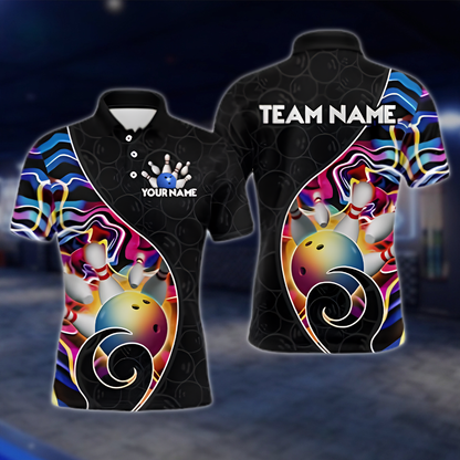 Personalized Team Multicolor Wave Bowling Polo Shirt, Men's Custom Bowling Shirt BZ0902 BOW0041