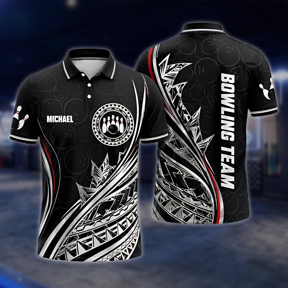 Personalized Tribal Bowling Mens Polo Shirt Black Red White, Custom Tribal Bowling Shirt Team BZ0870 BOW0076