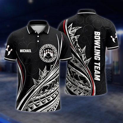 Personalized Tribal Bowling Mens Polo Shirt Black Red White, Custom Tribal Bowling Shirt Team BZ0870 BOW0076