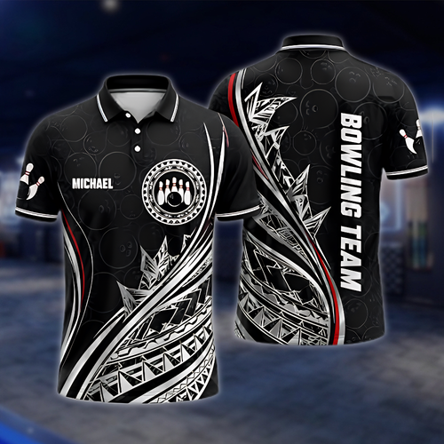 Personalized Tribal Bowling Mens Polo Shirt Black Red White, Custom Tribal Bowling Shirt Team BZ0870 BOW0076