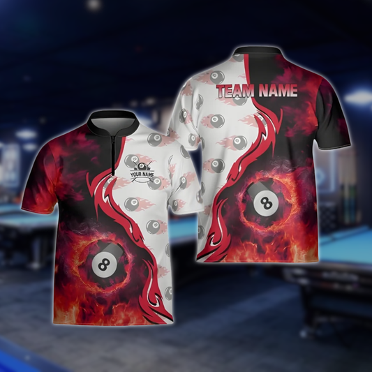 Custom Red Flaming 8 Ball Billiard Jersey For Mens, Custom 8 Ball Flame Billiard Team Shirts BLD0176