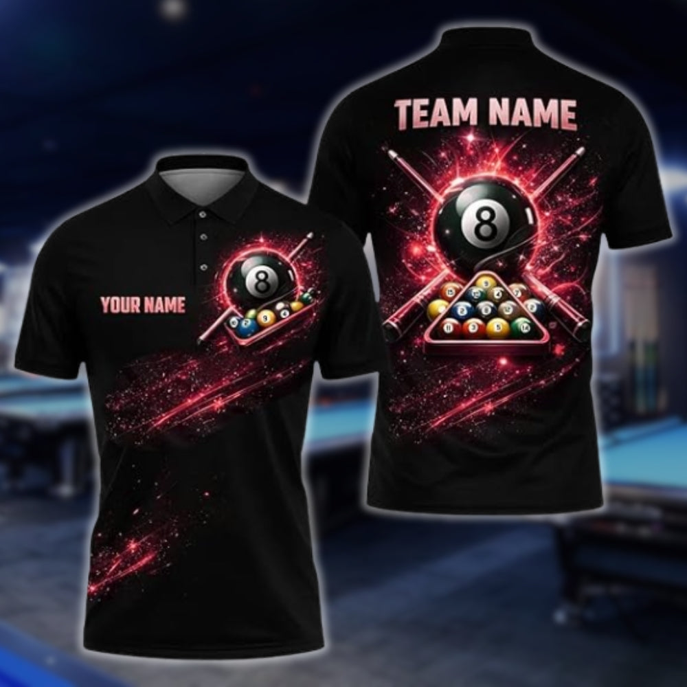 Custom 8 Ball Black And Red Billiard Polo Shirt Mens, Custom Billiard Team Shirts BLD0050