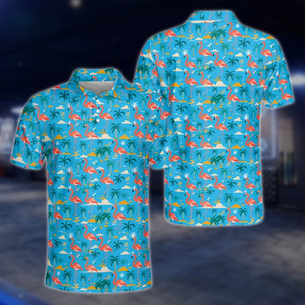 Men's Flamingo Blue Golf Polo Shirt, Tropical Flamingo Golf Shirt GOF0128