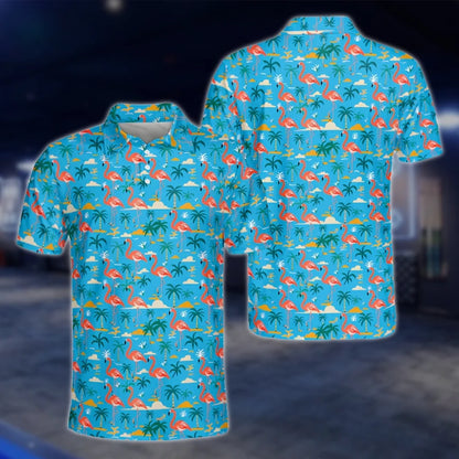 Men's Flamingo Blue Golf Polo Shirt, Tropical Flamingo Golf Shirt GOF0128