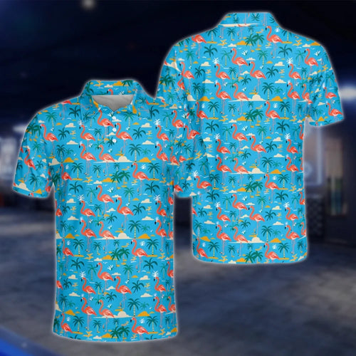 Men's Flamingo Blue Golf Polo Shirt, Tropical Flamingo Golf Shirt GOF0128