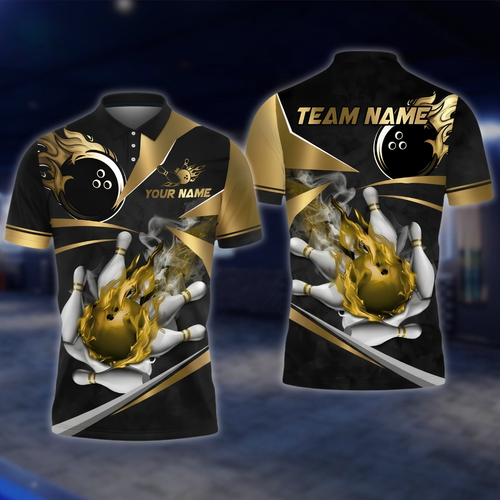 Personalized Fire Ball Black And Gold Bowling Polo Shirt For Men, Custom Flame Bowling Shirt Team BZ0897 BOW0046