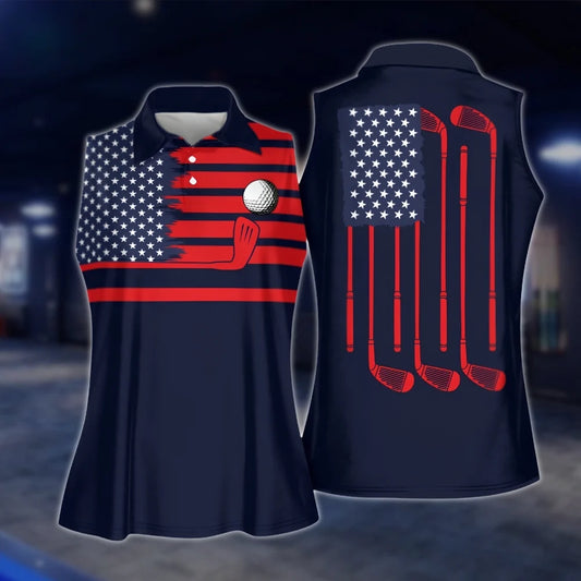 American Flag Sleeveless Women's Navy Golf Shirts, Patriotic Golf Shirts For Women GOF0011