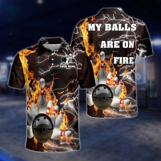 Personalized My Ball Are On Fire Bowling Polo Shirts Mens, Custom Funny Bowling Shirts BZ0014 BOW0463