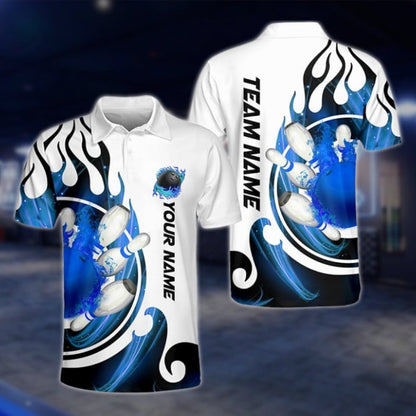 Flame Custom Blue And White Bowling Polo Shirt Mens, Custom Flame Bowling Team Shirts BZ0173 BOW0493