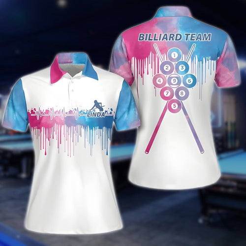 Custom Team Blue Pink Water Color Women's Billiard Polo Shirt, Custom Billiard Shirts For Ladies BLD0010