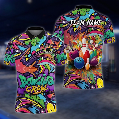 Personalized Graffiti Bowling Mens Polo Shirt, Custom Team Bowling Shirts BZ0857 BOW0091