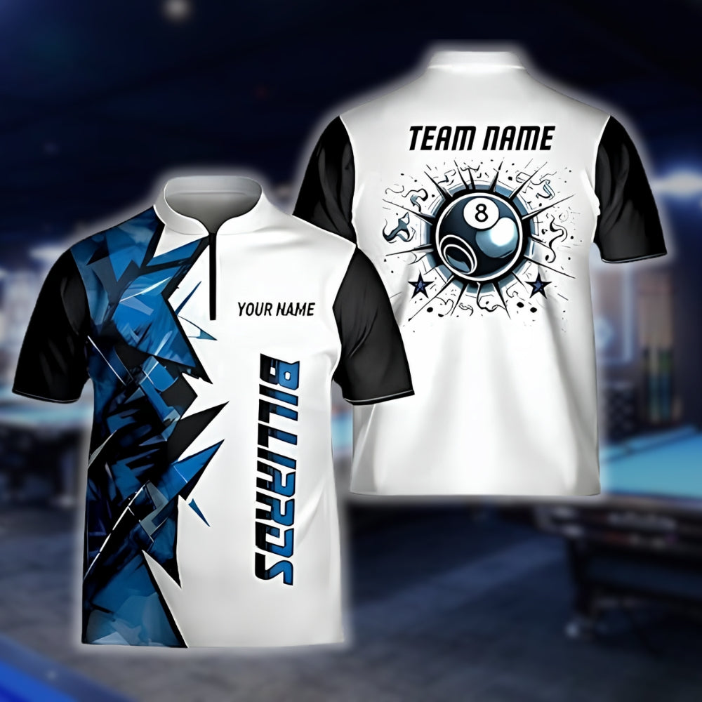 Custom 8 Ball Blue And White Billiard Jersey Shirts For Men, Custom 8 Ball Billiard Team Shirts BLD0056
