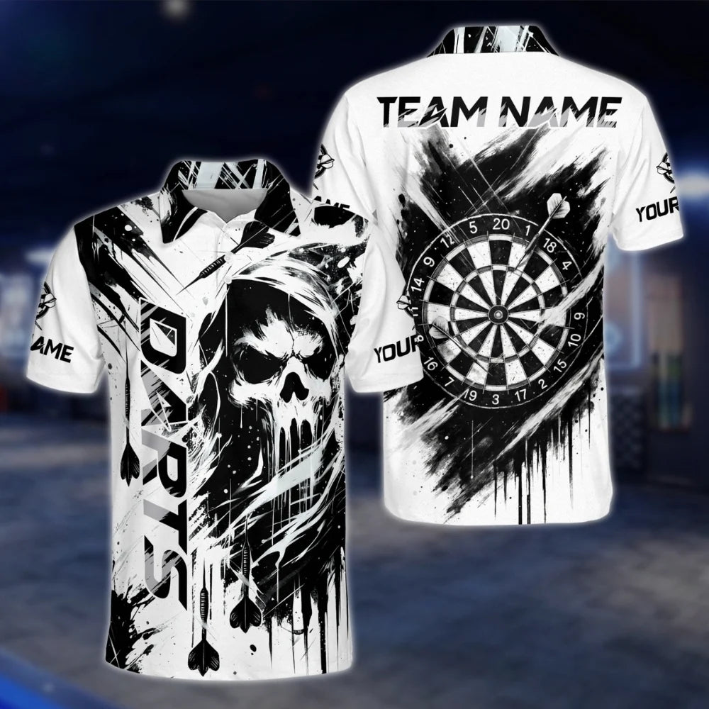 Custom Skeleton Black And White Dart Mens Polo Shirt, Custom Skull Dart Team Shirt DAT0468
