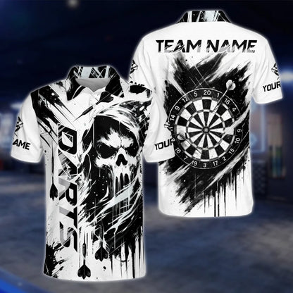 Custom Skeleton Black And White Dart Mens Polo Shirt, Custom Skull Dart Team Shirt DAT0468