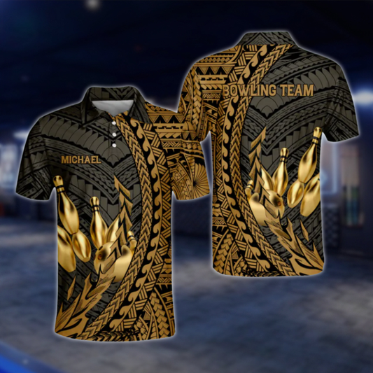 Custom Tribal Golden Black Bowling Polo Shirt For Mens, Custom Tribal Bowling Team Shirts BO0196 BOW0418