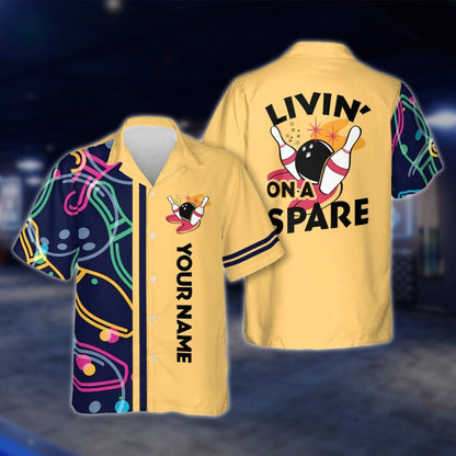 Livin' On A Spare Custom Yellow Bowling Hawaiian Shirt Men And Women, Custom Funny Bowling Shirts BE0019 BOW0358