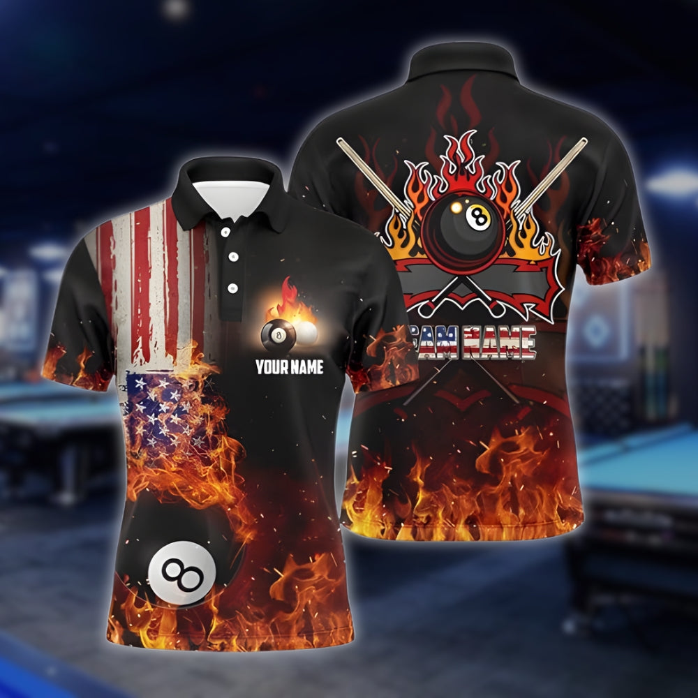 Custom Flame 8 Ball Billiard Men Polo Shirt, Custom Flame USA Flag Billiard Team Shirts BLD0104