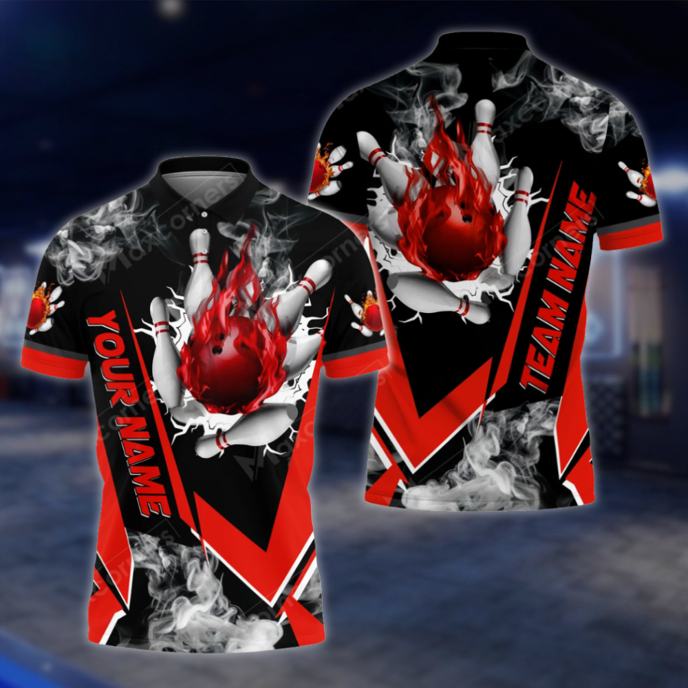 Personalized Mens Flaming Ball Bowling Polo Shirt, Custom Flame Bowling Shirt For Team BZ0811 BOW0145