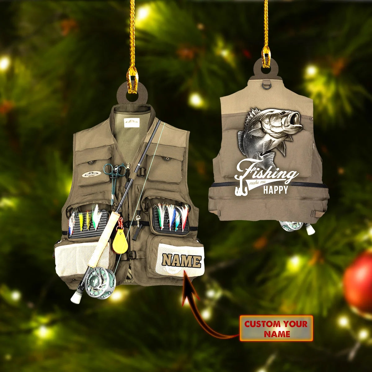 Fishing Ornament - Custom Shaped Ornament - Fishing Vest Brown Ornament ORN0061