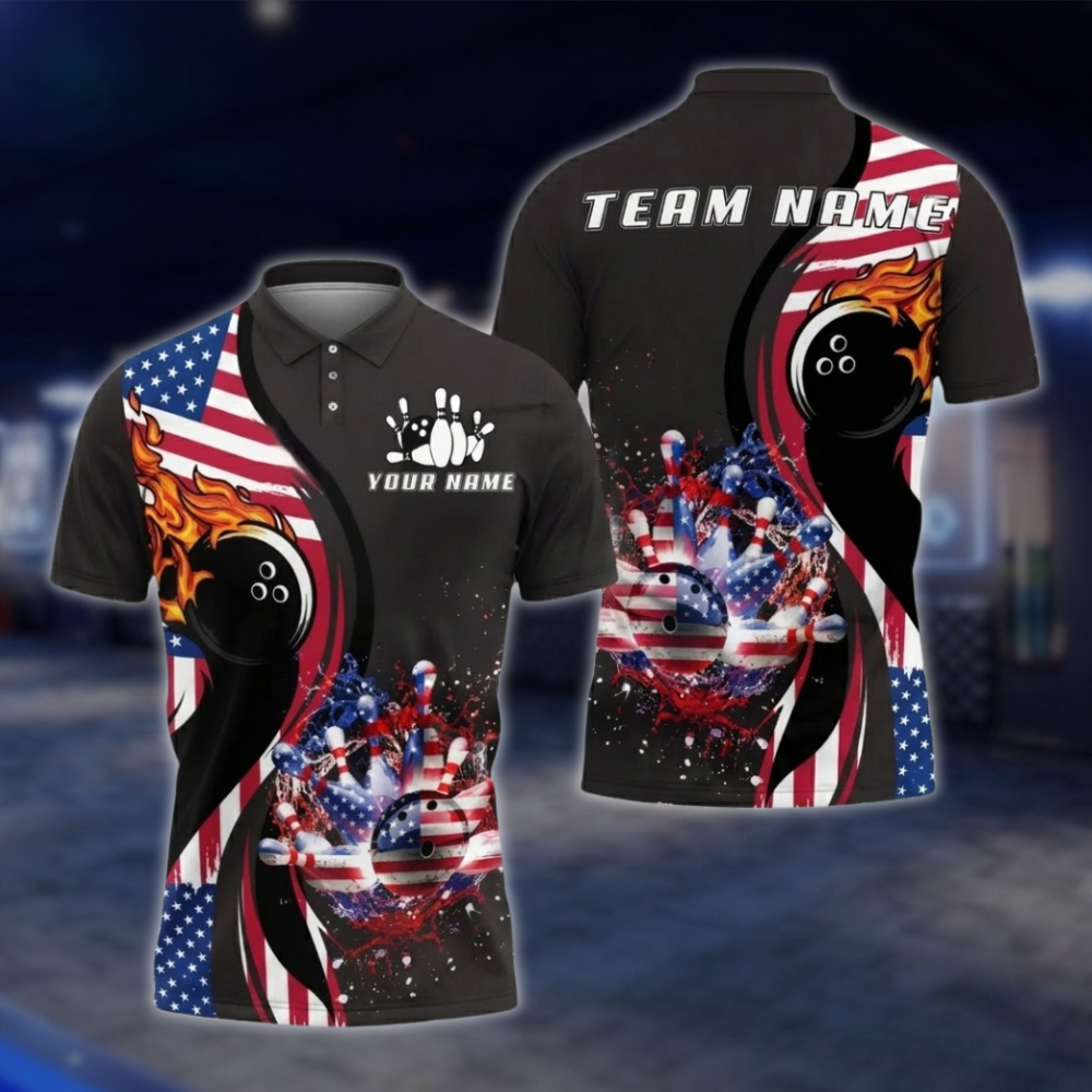 Personalized USA Flag Fire Ball Bowling Polo Shirt For Men, Custom Patriotic Bowling Shirts For Team BZ0756 BOW0163