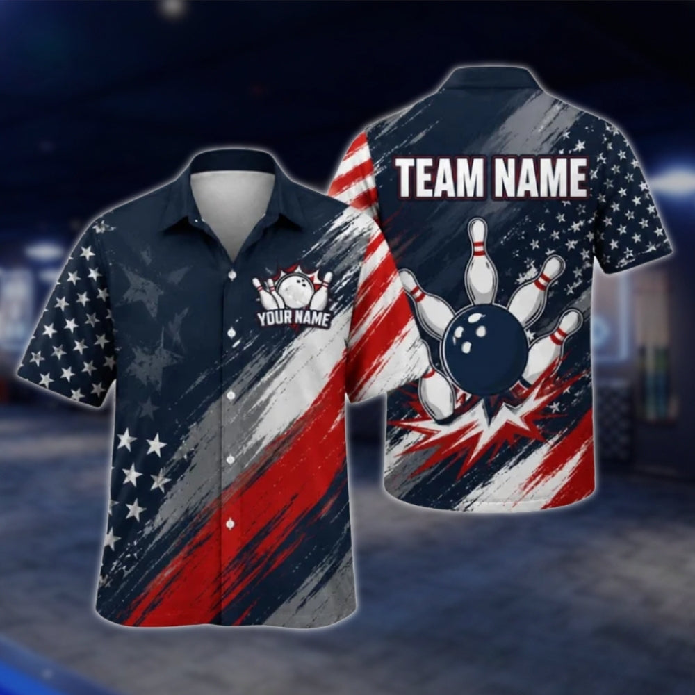 Personalized American Flag Bowling Hawaiian Shirt For Men, Custom Patriot Bowling Team Shirts BE0214 BOW0188