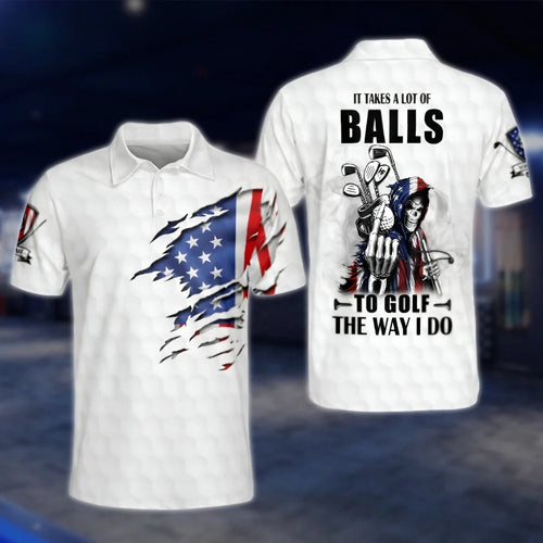 Custom It Take A Lot Of Balls To Golf The Way I Do Men's Patriotic Skull Golf Polo Shirts, Custom Funny Golf Shirts GOF0229