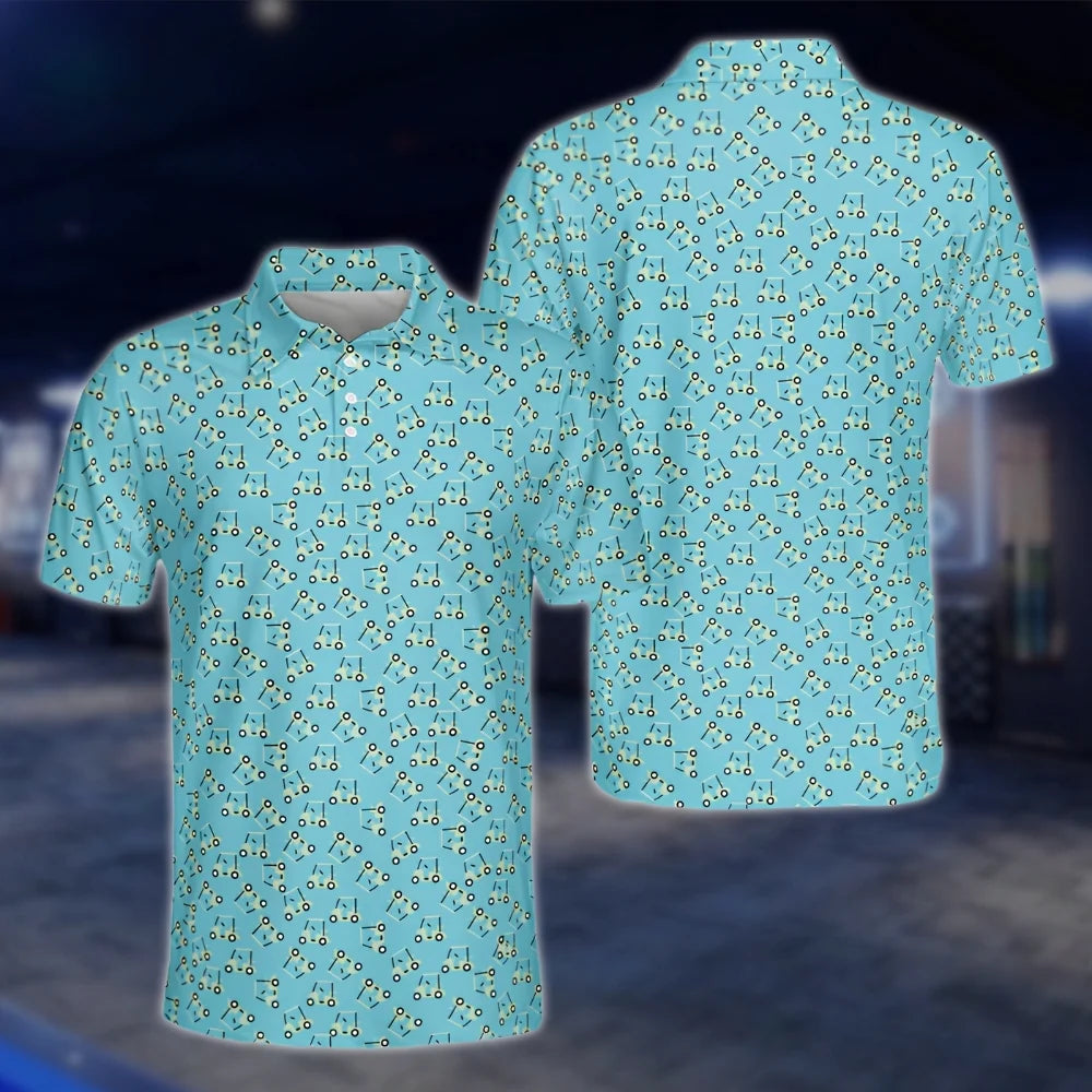 Golf Cart Pattern Teal Golf Polo Shirt For Men, Blue Golf Shirt Men GOF0149