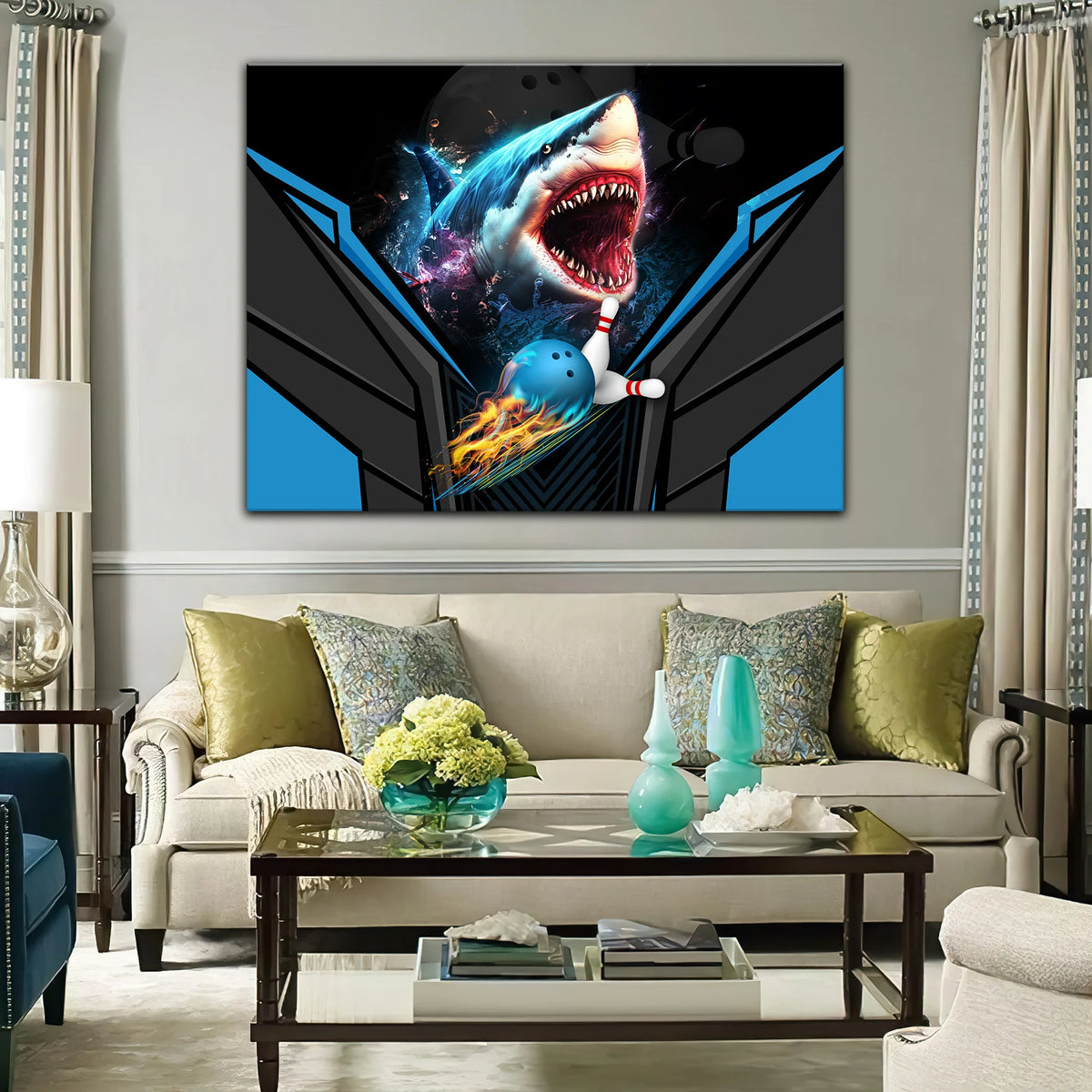 Shark Team Blue Bowling Ball Graphic Printed Canvas Bowl Game Living Room Decor Gift For Bowlers ORN0127