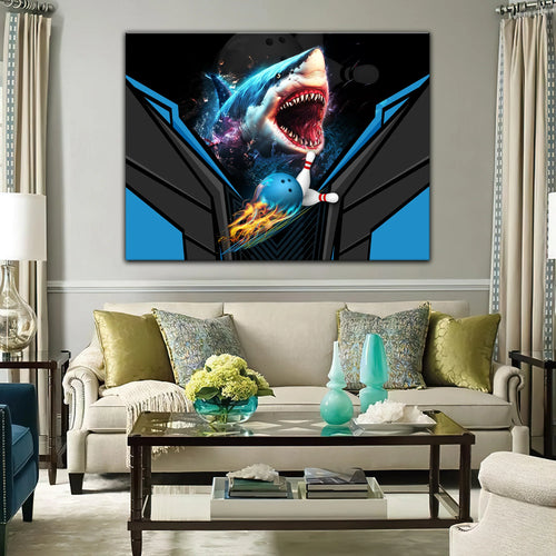 Shark Team Blue Bowling Ball Graphic Printed Canvas Bowl Game Living Room Decor Gift For Bowlers ORN0127