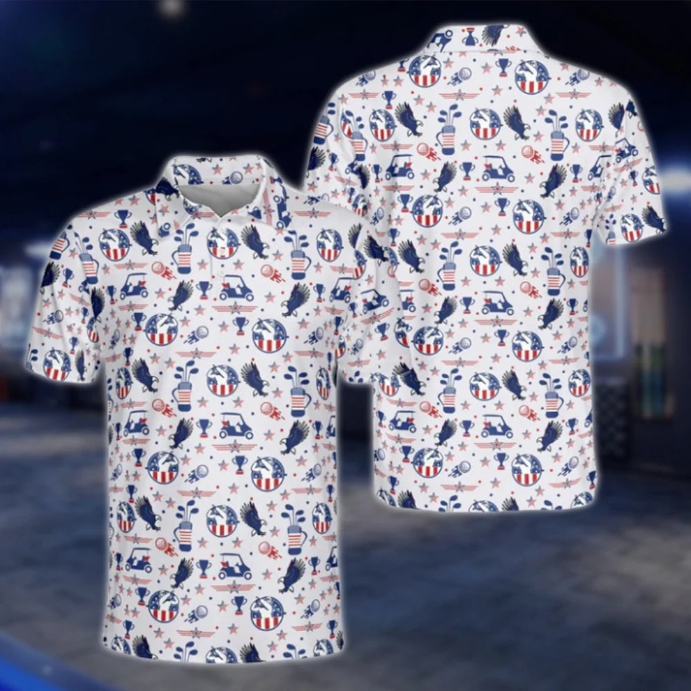 Men's 4th Of July Golf Polo Shirt, White Red Blue Patriotic Golf Shirt For Men GOF0148