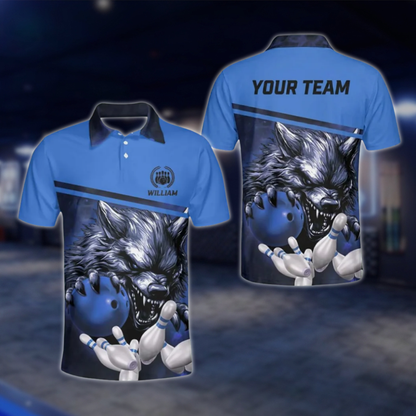 Wolf Custom Mens Blue Bowling Polo Shirt, Custom Wolf Bowling Team Shirts BZ0138 BOW0289