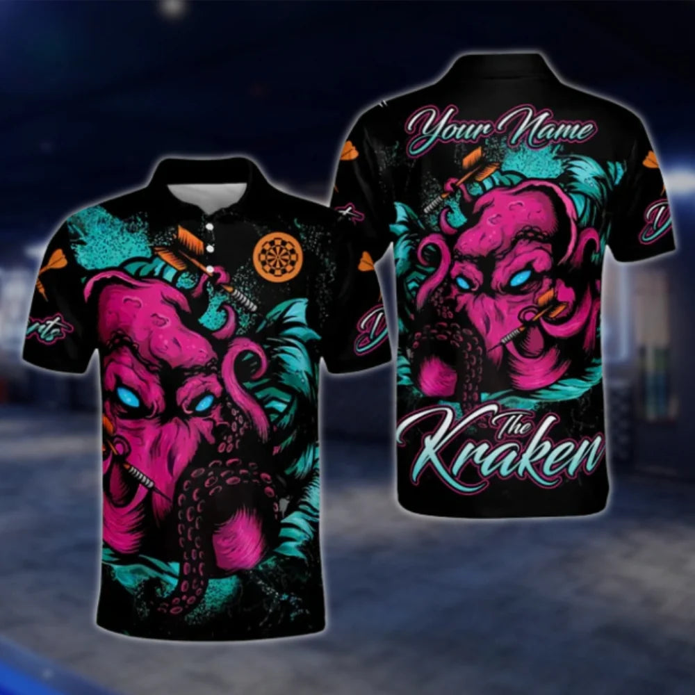 The Kraken Octopus Custom Pink Black Dart Polo Shirt Men, Custom Octopus Dart Shirt With Name DAT0466