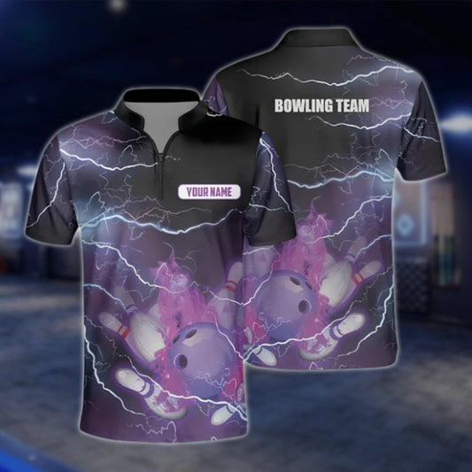 Custom Flame Purple Black Bowling Jersey For Mens, Custom Team Flame Bowling Shirts BZ0044 BOW0445